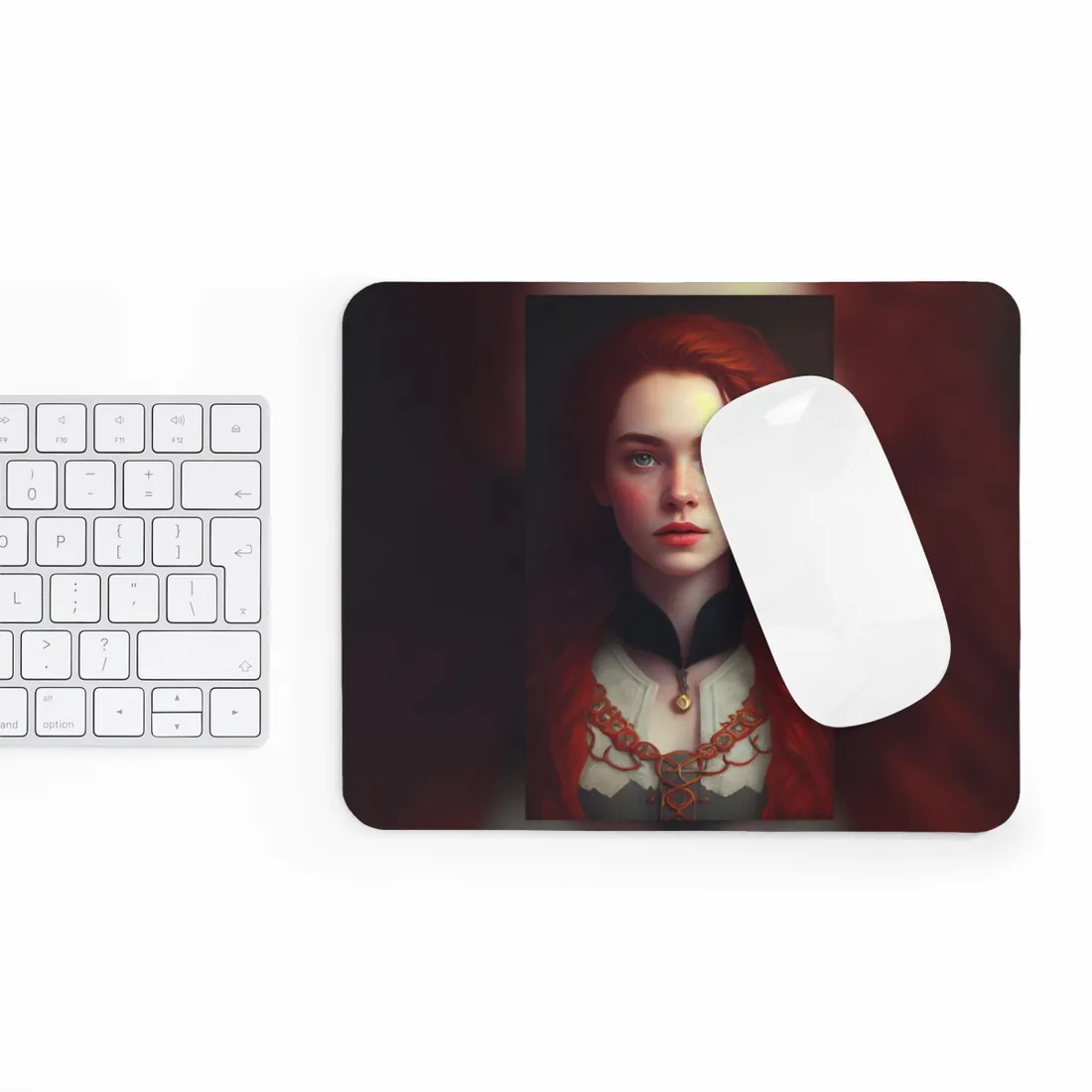Redheaded Beauty in Red: Elegant Portrait Art - Mouse Pad