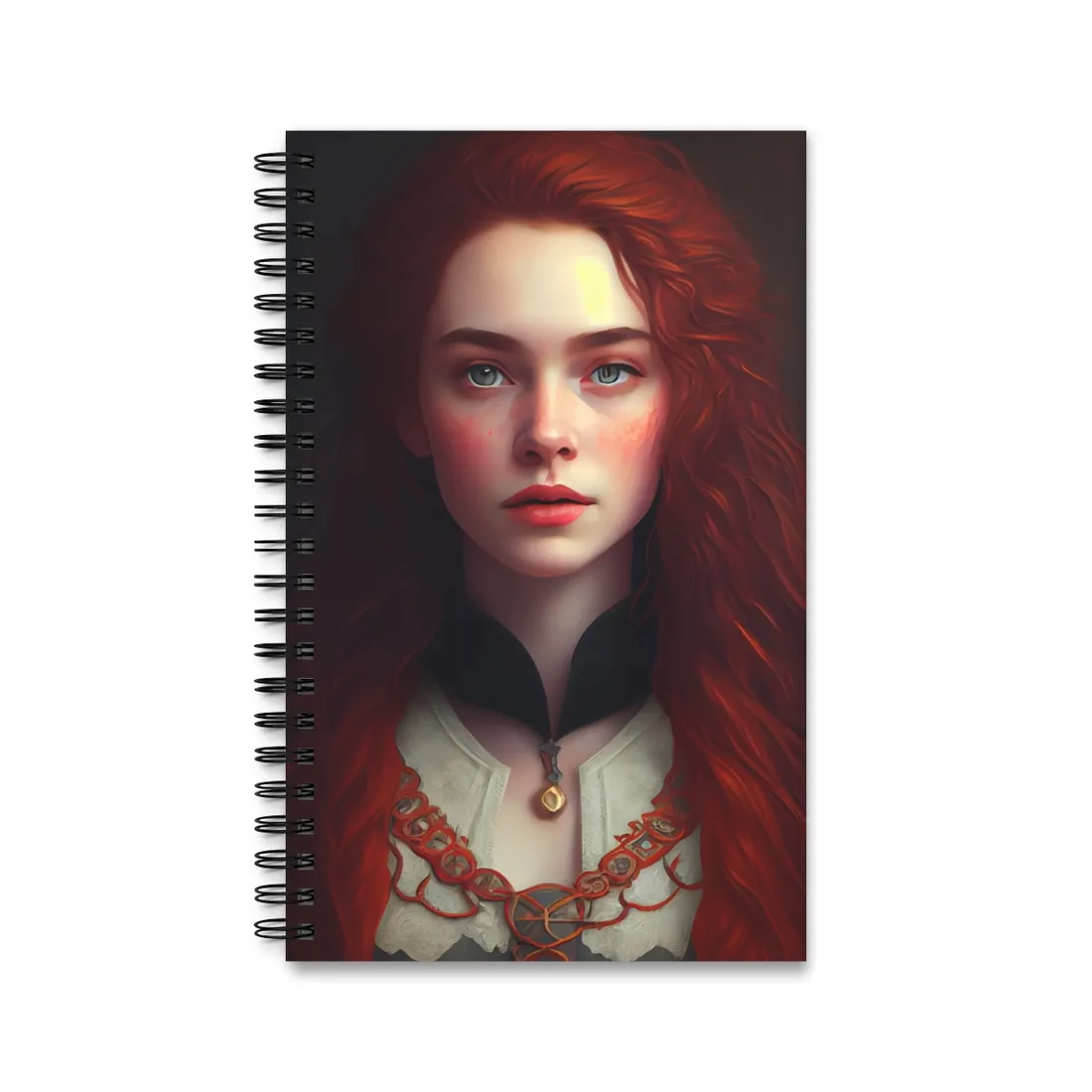 Redheaded Beauty in Red: Elegant Portrait Art - Spiral Notebook