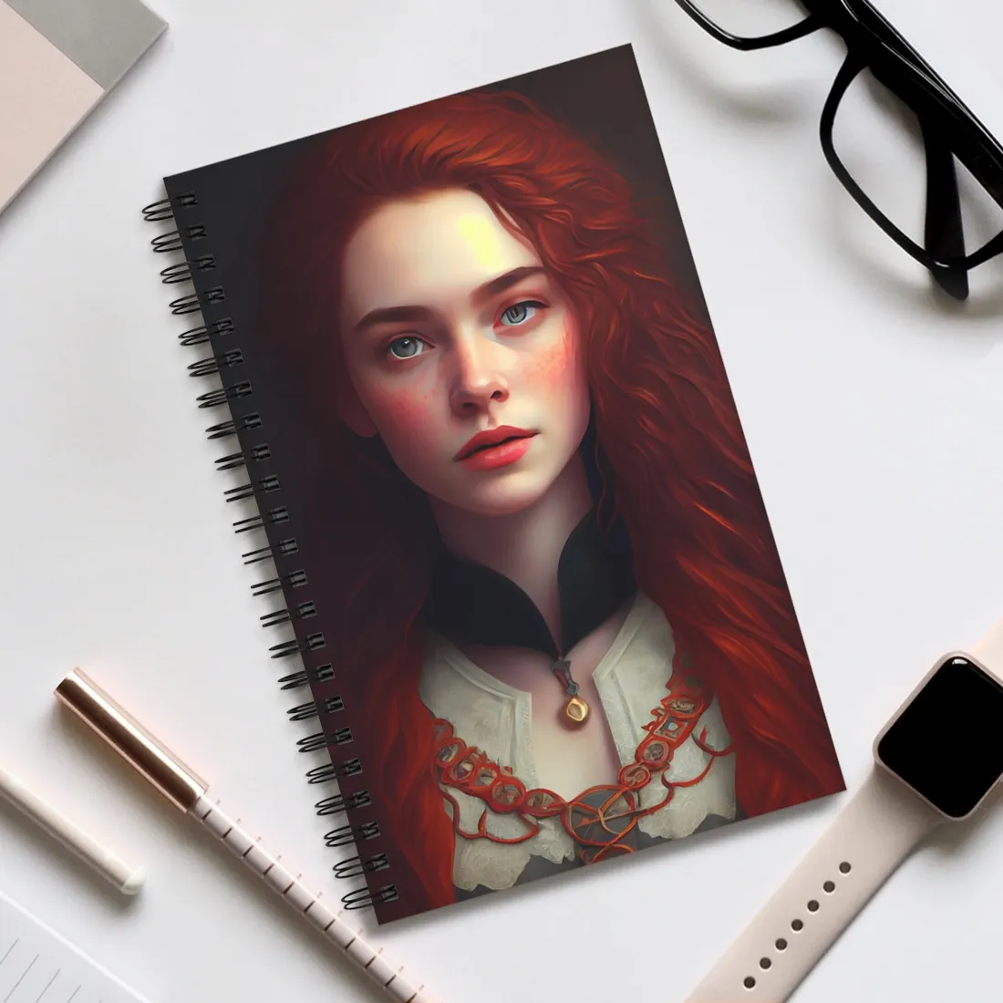 Redheaded Beauty in Red: Elegant Portrait Art - Spiral Notebook