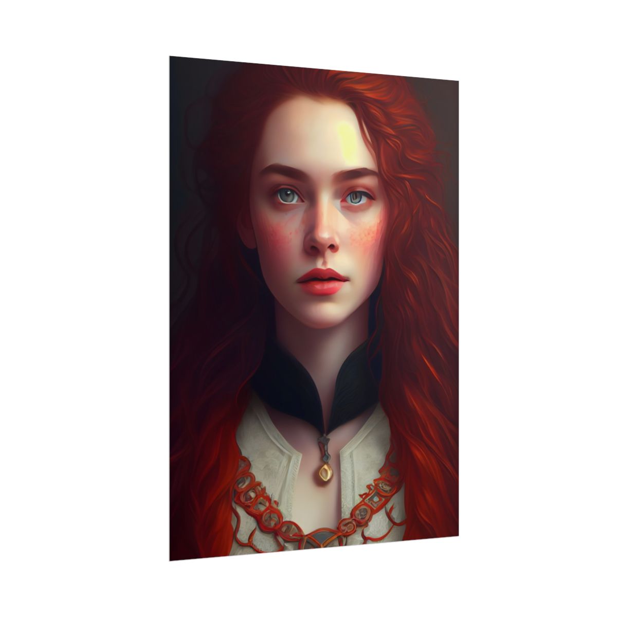 Redheaded Beauty in Red: Elegant Portrait Art - Poster