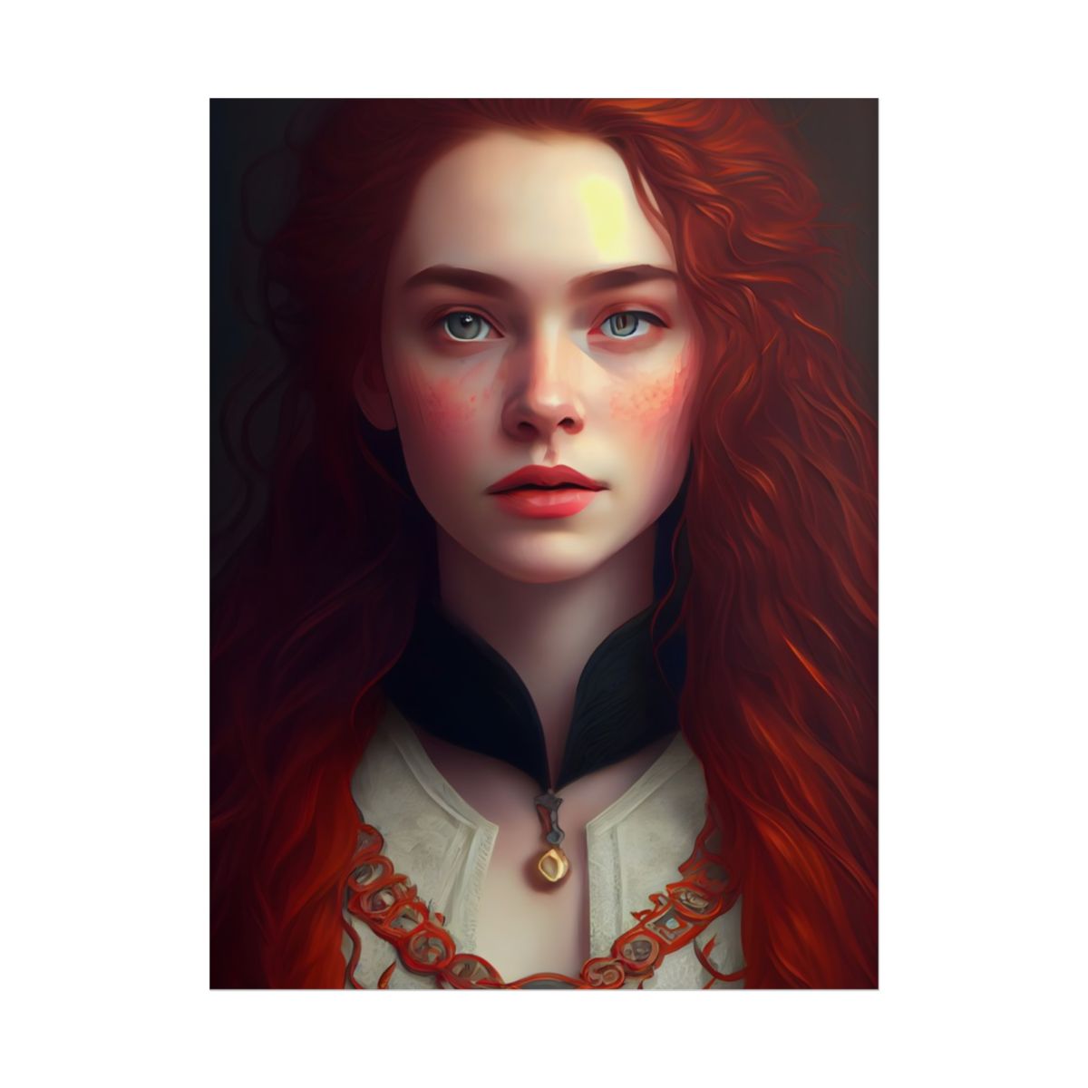 Redheaded Beauty in Red: Elegant Portrait Art - Poster