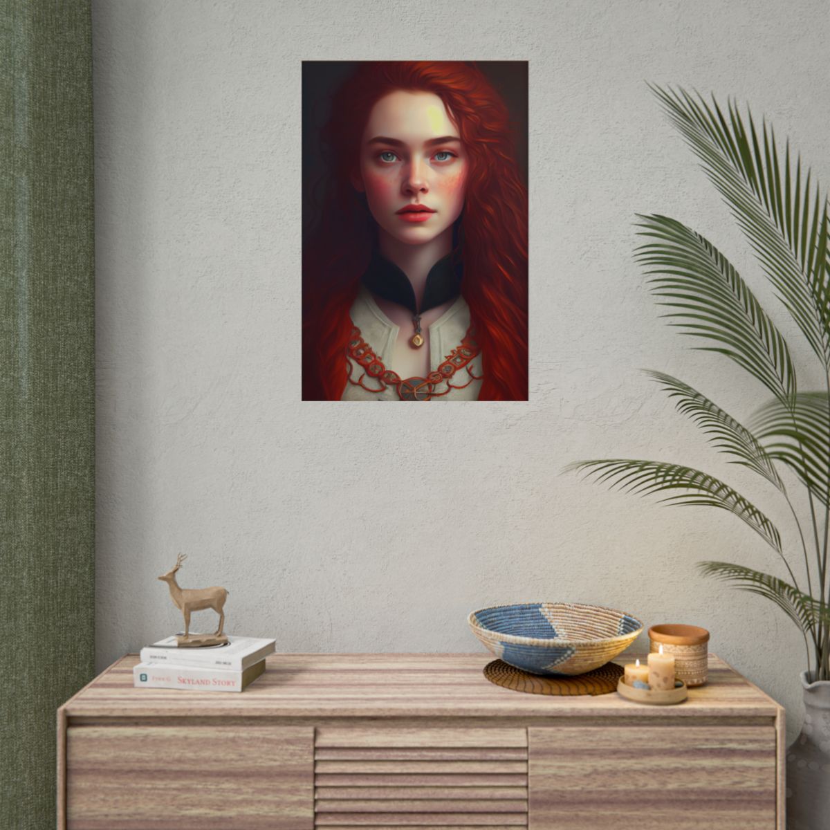Redheaded Beauty in Red: Elegant Portrait Art - Poster