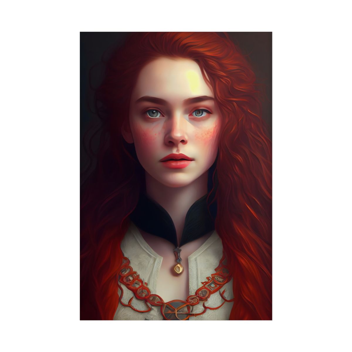 Redheaded Beauty in Red: Elegant Portrait Art - Poster