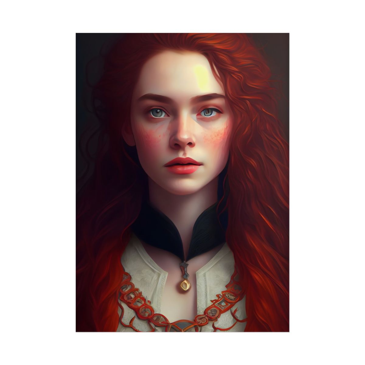 Redheaded Beauty in Red: Elegant Portrait Art - Poster