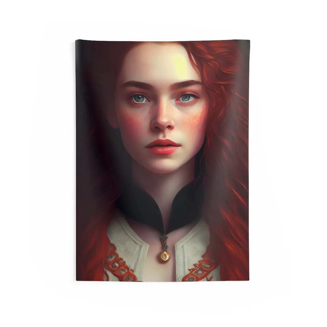 Redheaded Beauty in Red: Elegant Portrait Art - Wall Tapestry