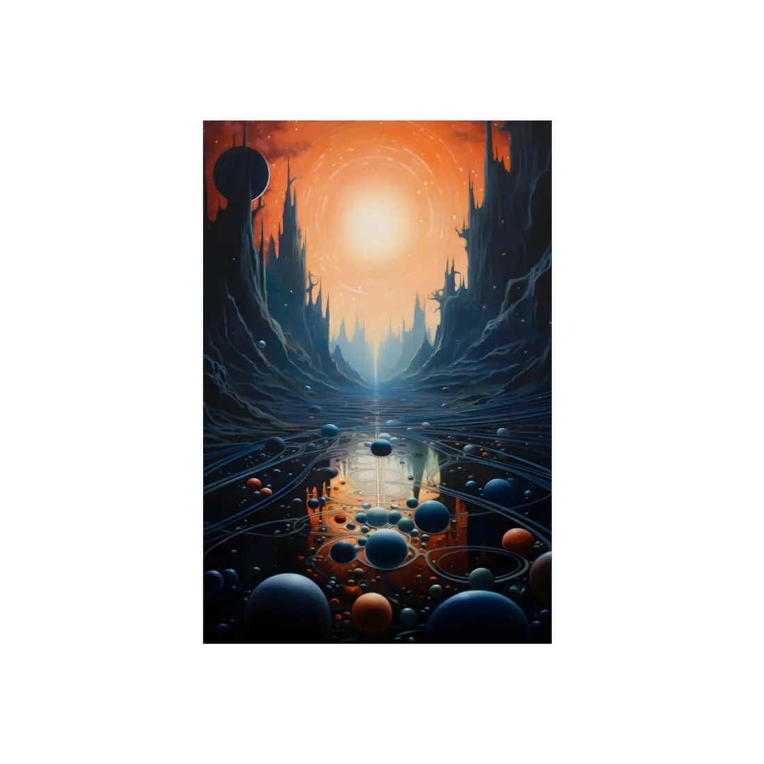 Reflective Canyon Realm: Dark Fantasy Landscape - Metal Poster