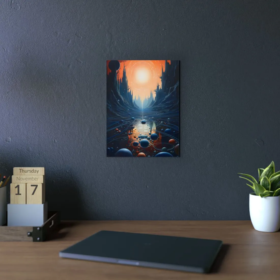 Reflective Canyon Realm: Dark Fantasy Landscape - Metal Poster