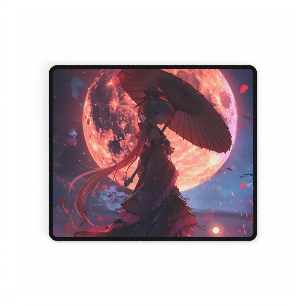 Retro Anime Girl with Umbrella: Rainy Day Artwork - Desk Mat