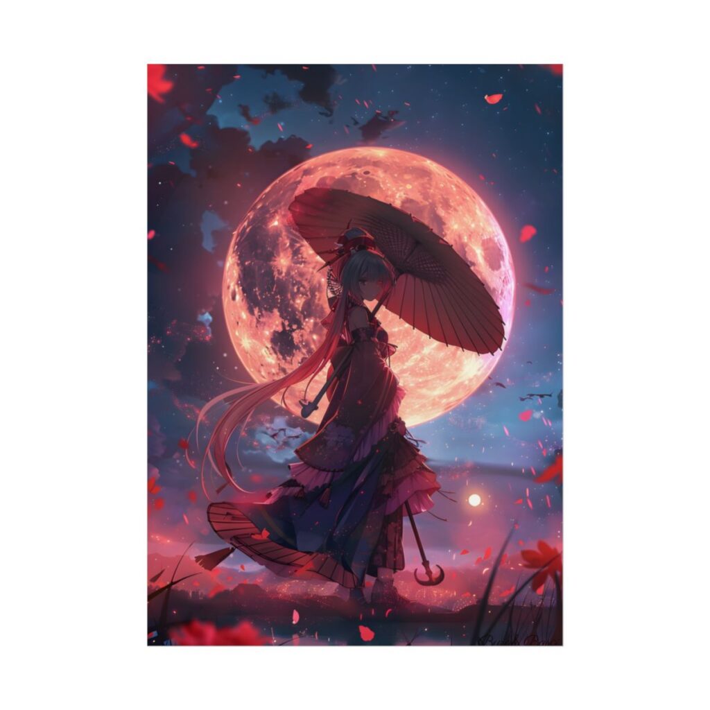 Retro Anime Girl with Umbrella: Rainy Day Artwork - Poster