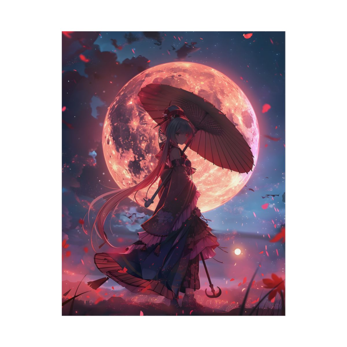 Retro Anime Girl with Umbrella: Rainy Day Artwork - Poster