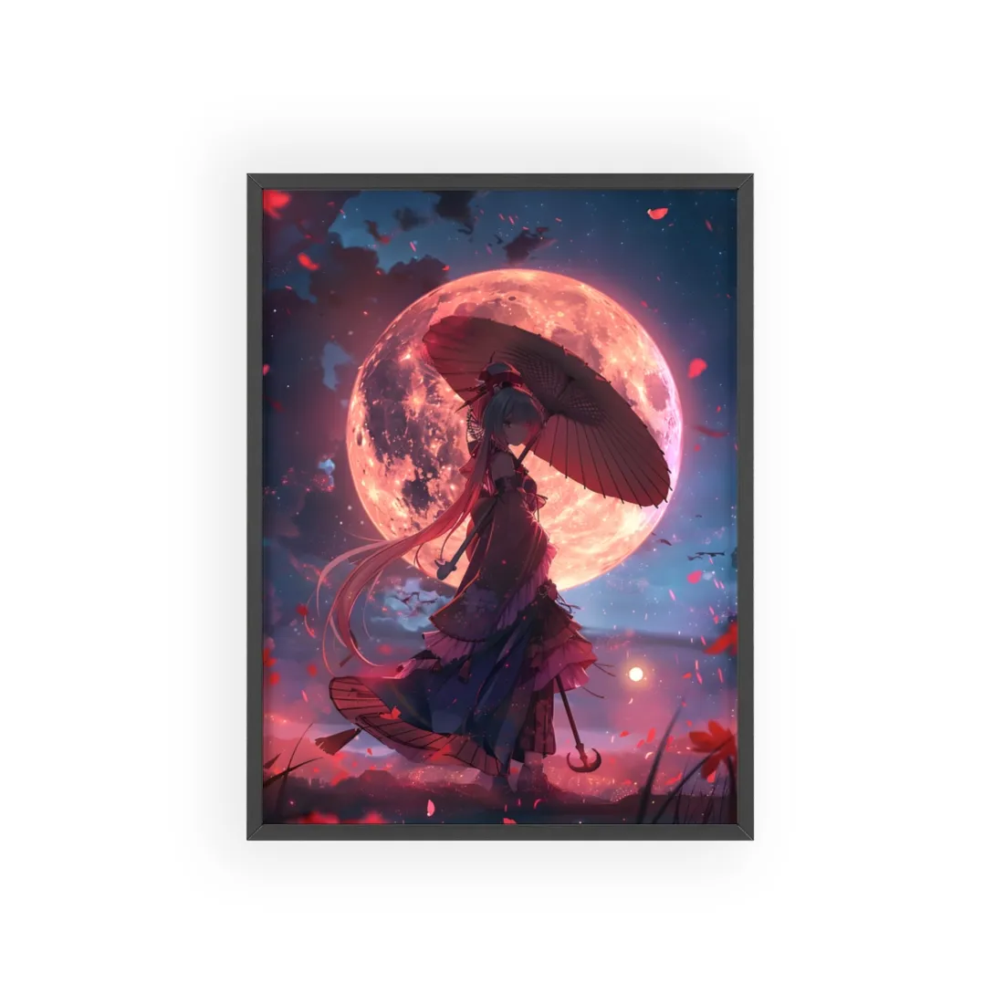 Retro Anime Girl with Umbrella: Rainy Day - Framed Poster