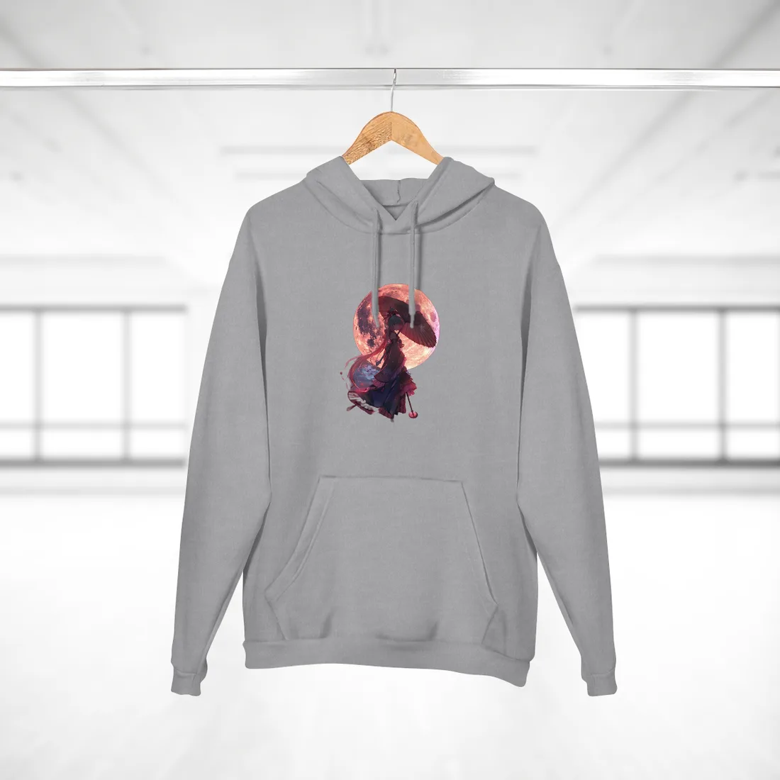 Retro Anime Girl with Umbrella: Rainy Day - Hoodie (Heather Grey)