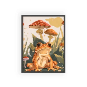 Orange Frog Among Mushrooms Framed Poster