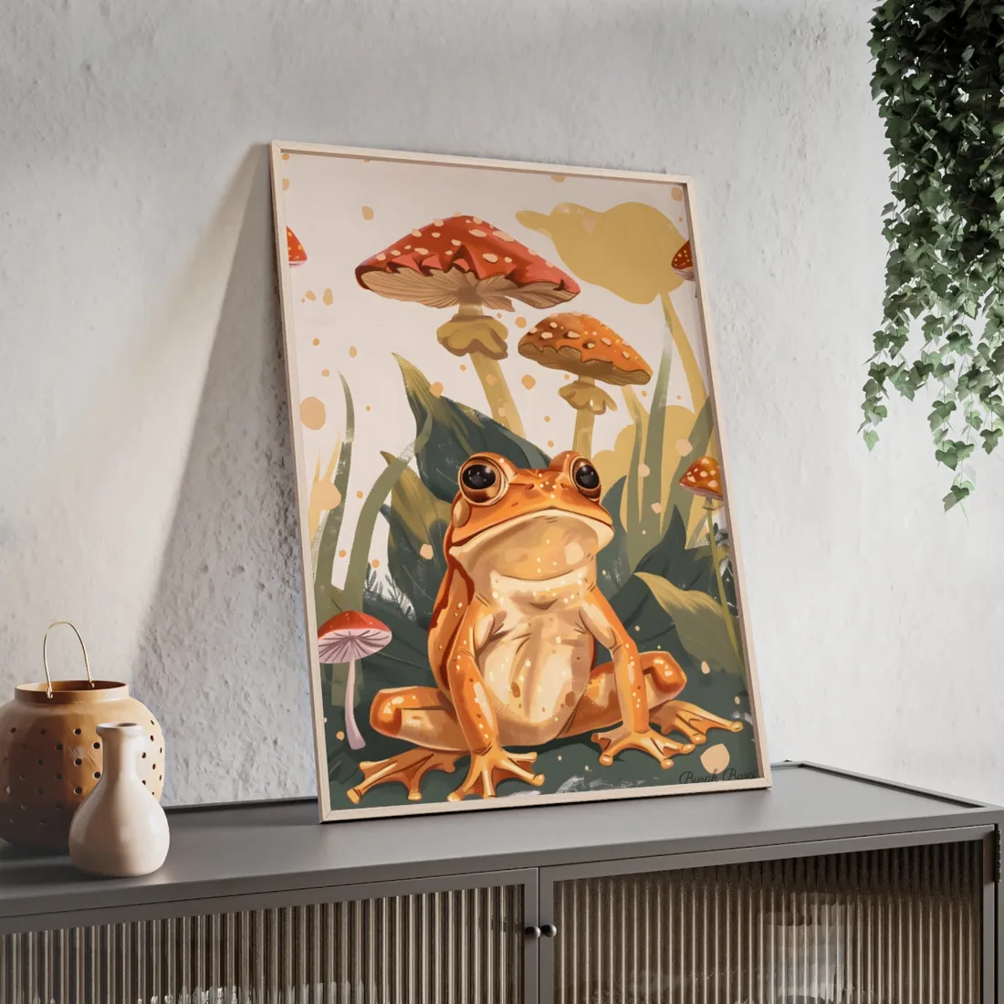 Retro Frog's Smile: Colorful Mushroom - Framed Poster