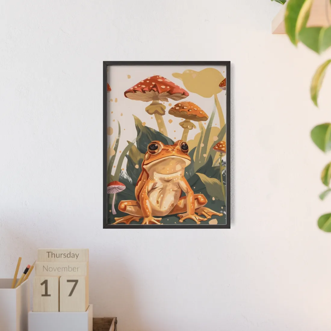 Retro Frog's Smile: Colorful Mushroom - Framed Poster