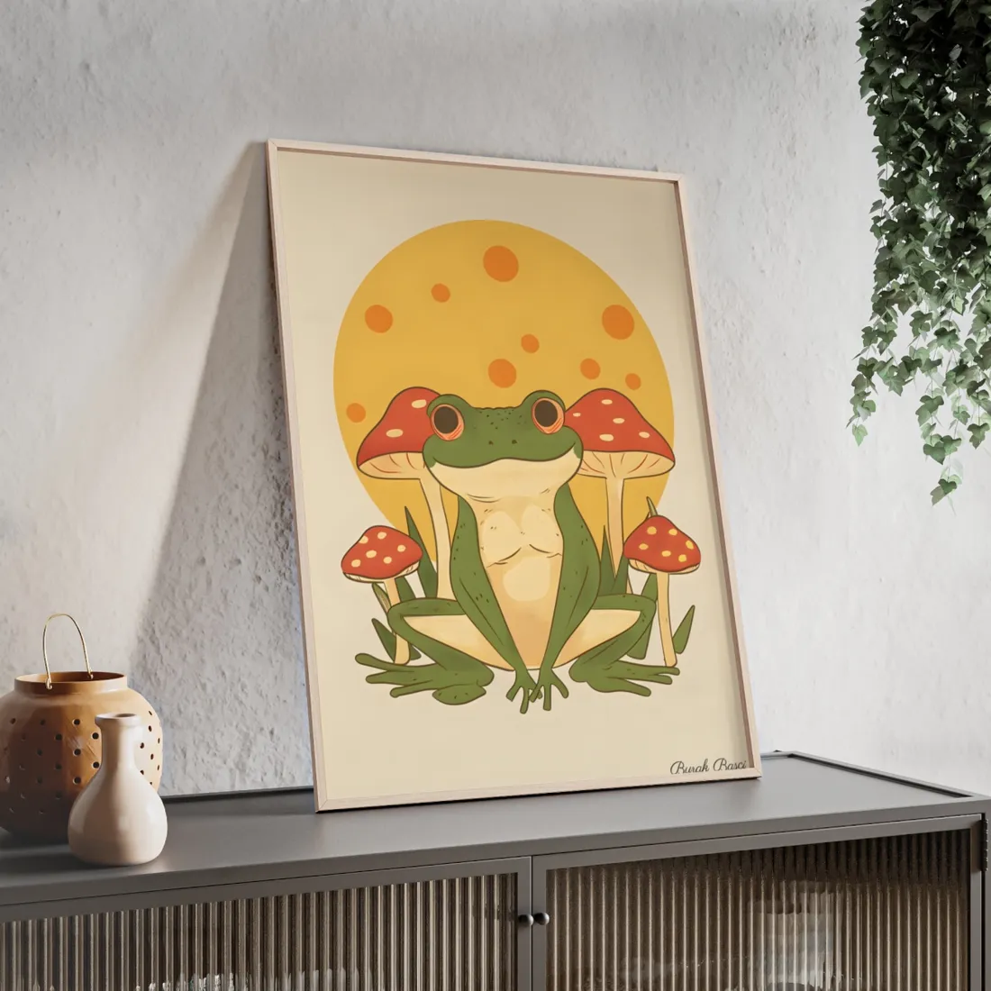 Retro Frog's Sunny Mushroom Meetup: Whimsical - Framed Poster