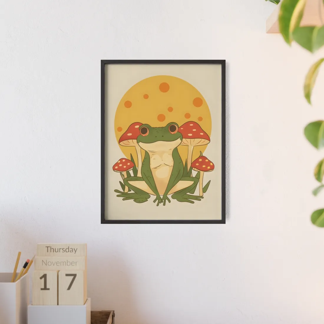 Retro Frog's Sunny Mushroom Meetup: Whimsical - Framed Poster