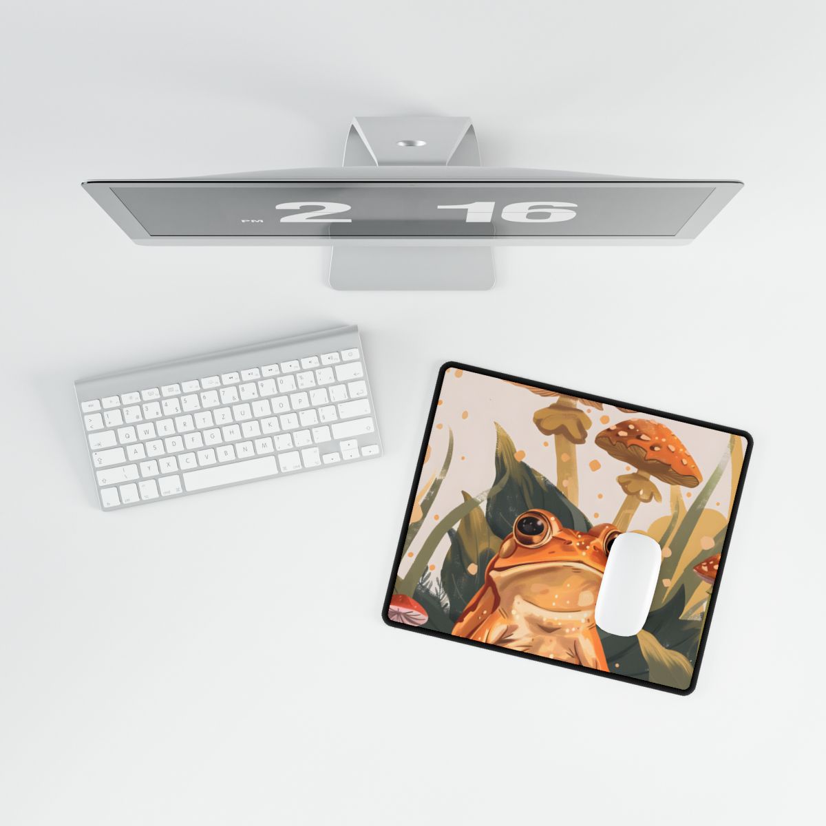 Retro Frog's Smile: Colorful Mushroom Illustration - Desk Mat