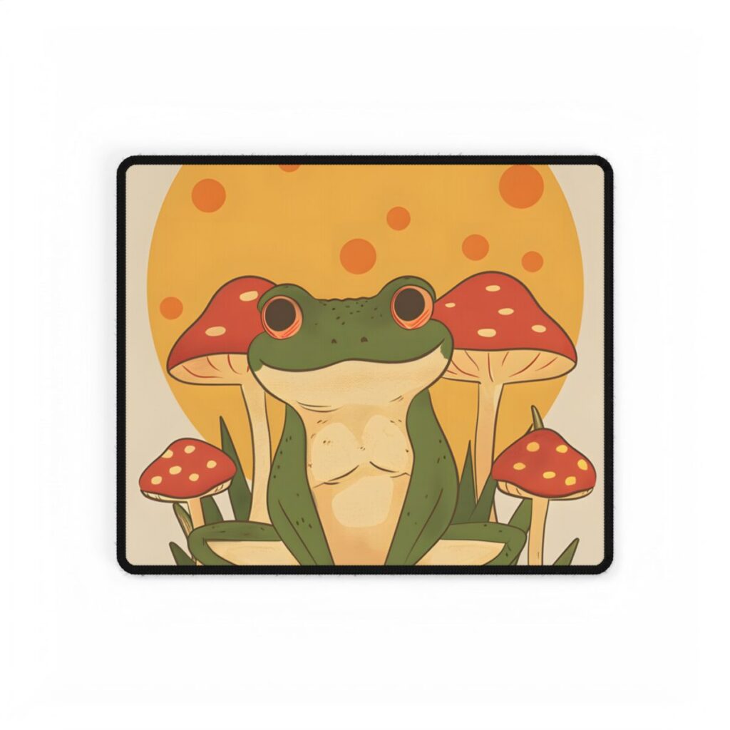 Retro Frog's Sunny Mushroom Meetup: Whimsical Artwork - Desk Mat