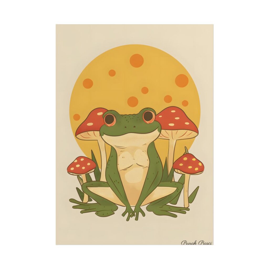 Retro Frog's Sunny Mushroom Meetup: Whimsical Artwork - Poster