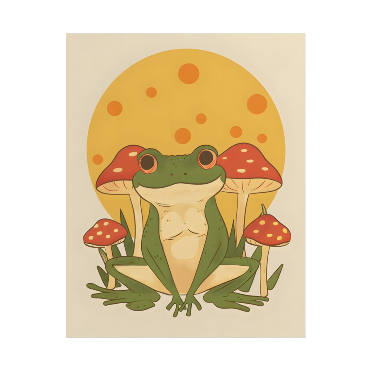 Retro Frog's Sunny Mushroom Meetup: Whimsical Artwork - Poster