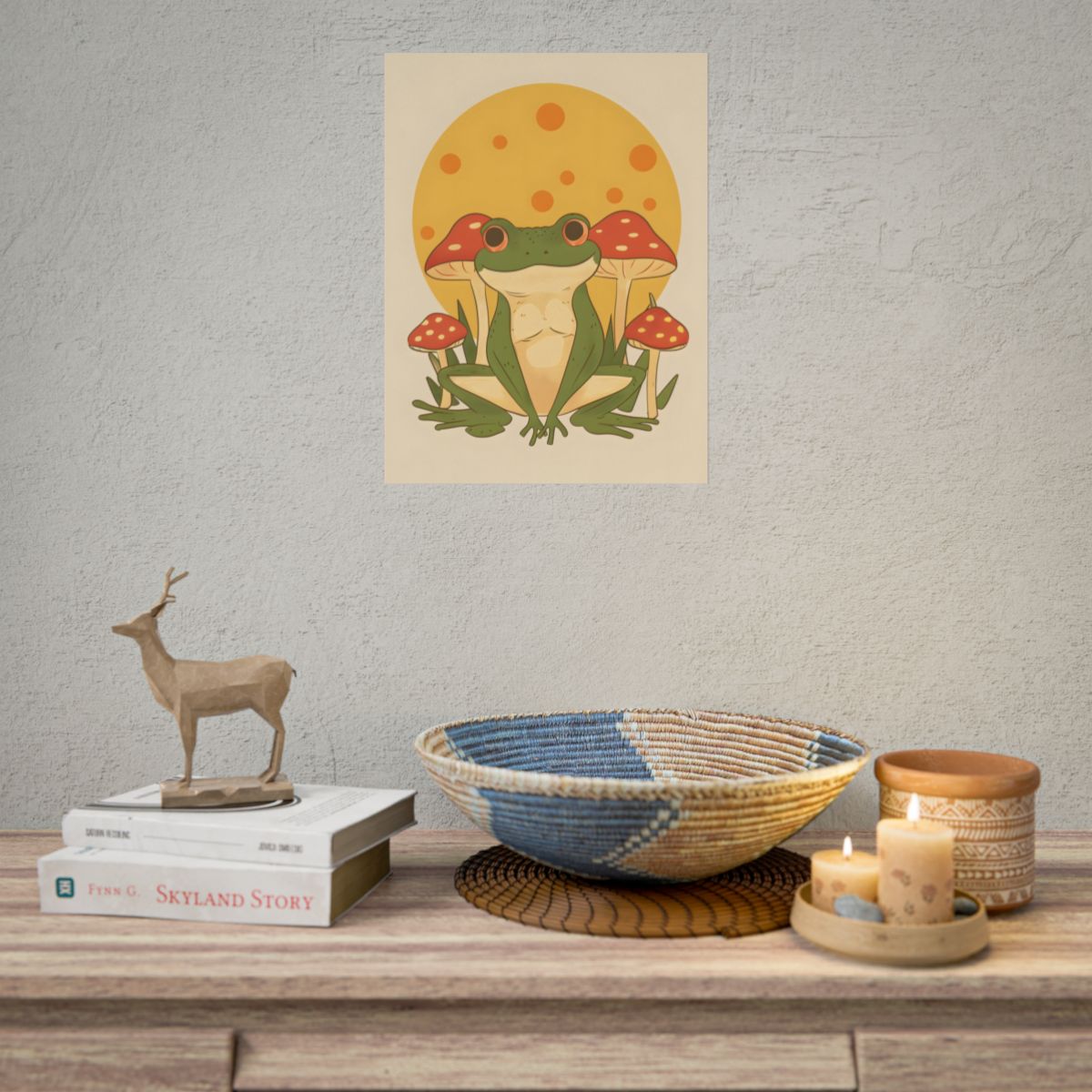 Retro Frog's Sunny Mushroom Meetup: Whimsical Artwork - Poster