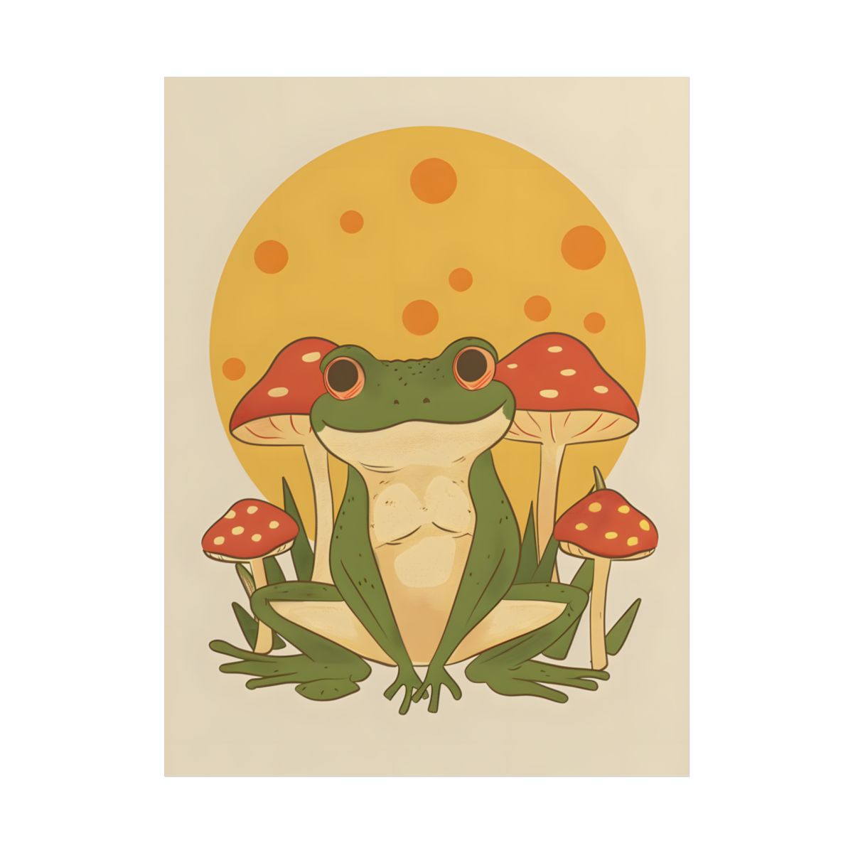 Retro Frog's Sunny Mushroom Meetup: Whimsical Artwork - Poster