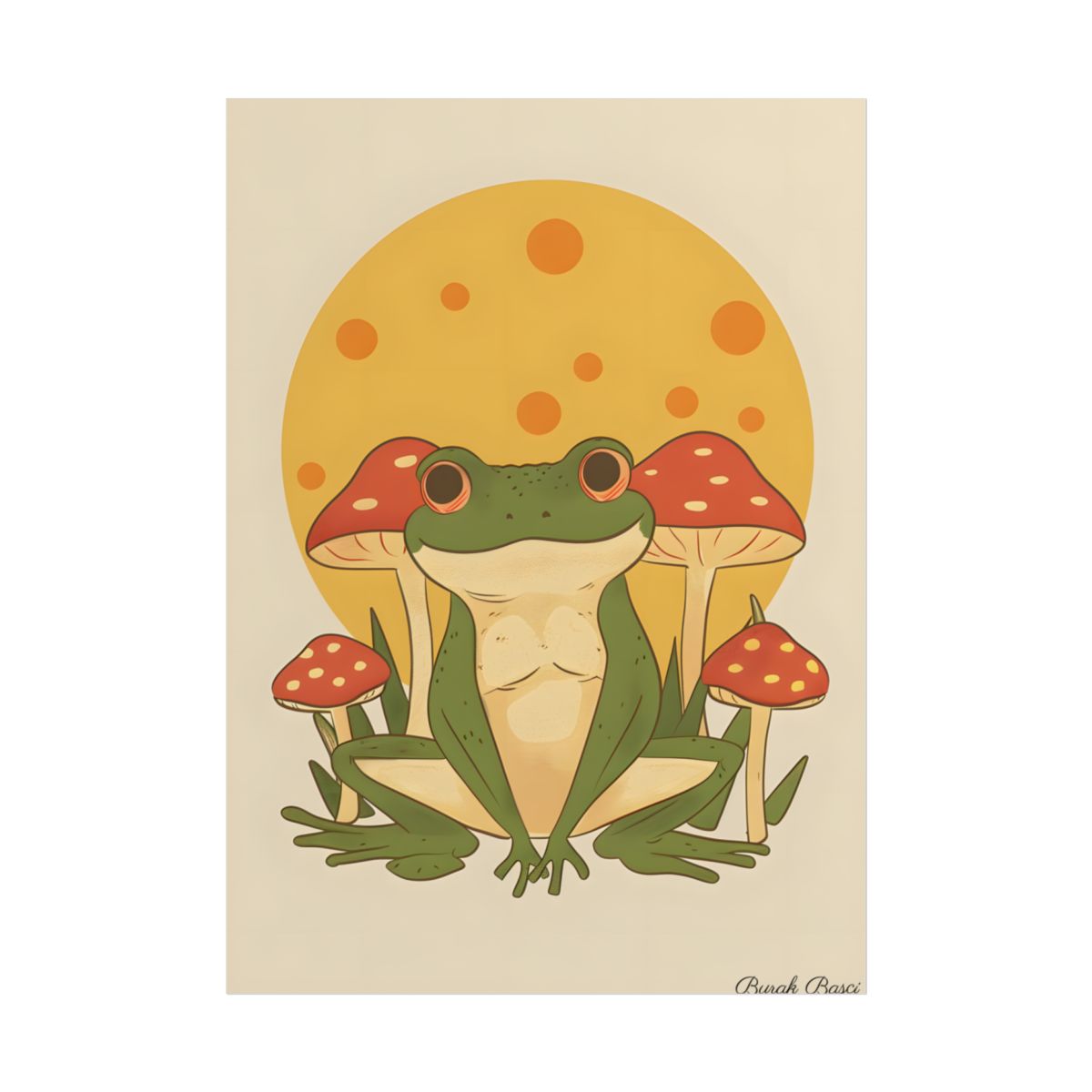 Retro Frog's Sunny Mushroom Meetup: Whimsical Artwork - Poster
