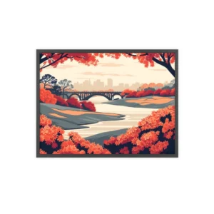 Autumn River Bridge Landscape Framed Poster