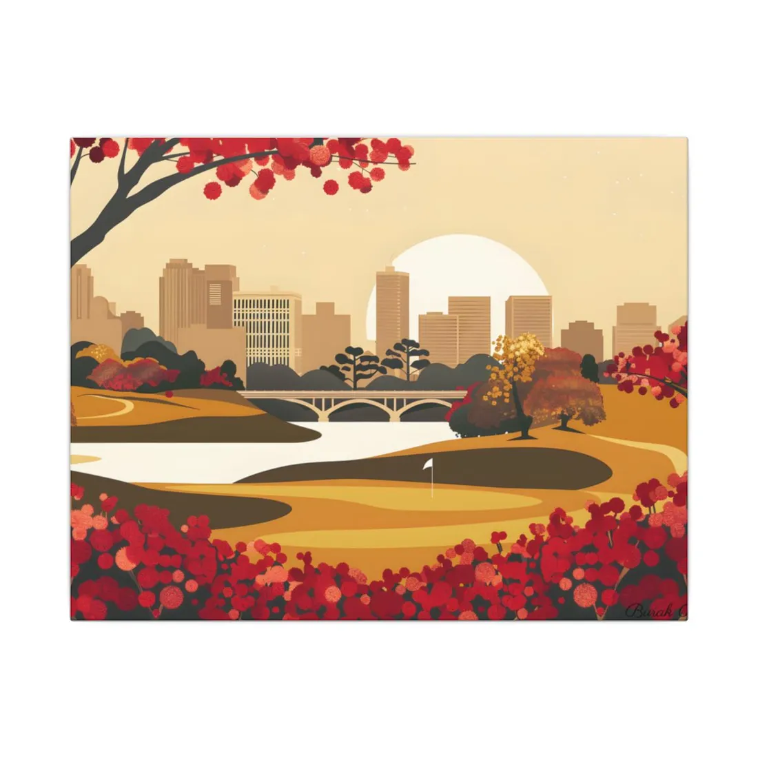 Retro Golf Illustration: Classic Course Scene - Canvas