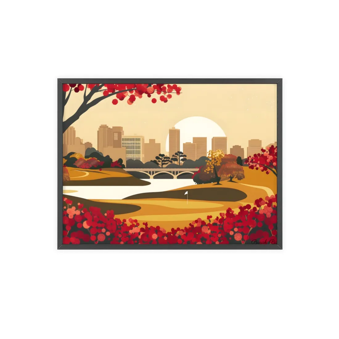 Retro Golf Illustration: Classic Course Scene - Framed Poster
