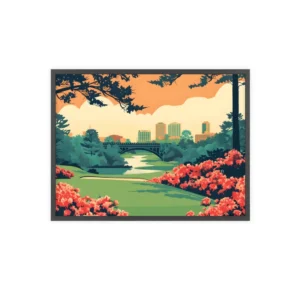 Riverside Park with City Skyline Framed Poster
