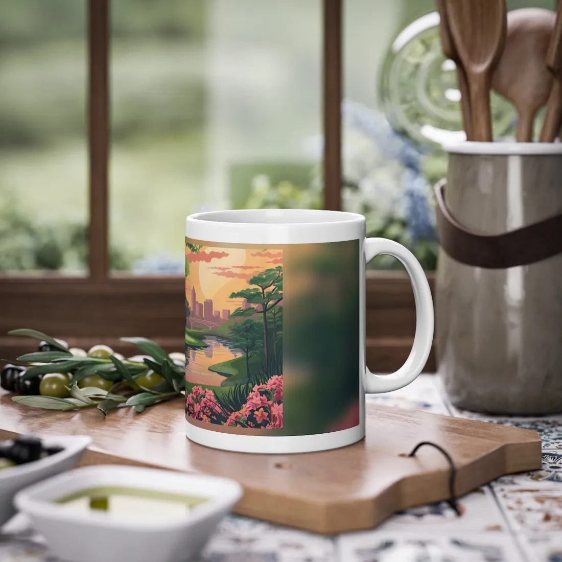 Retro Park Illustration: Pond and Bridge Scene – Mug
