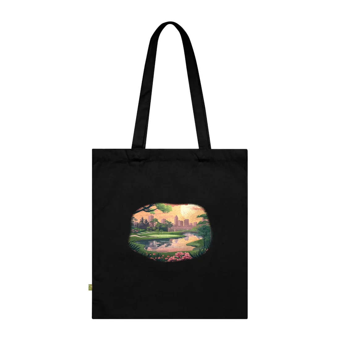 Retro Park Illustration: Pond and Bridge Scene – Tote Bag, black