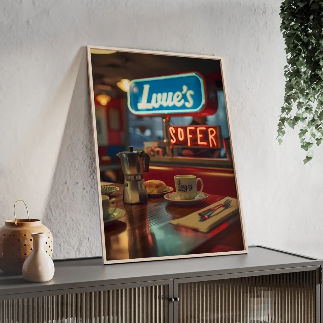 Retro Kitchen Diner Scene: Cozy Coffee Moment - Framed Poster