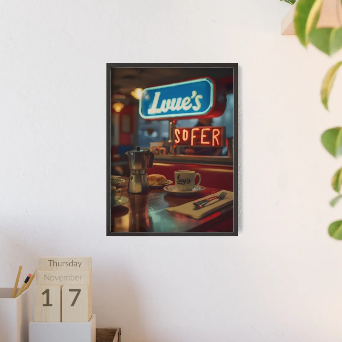 Retro Kitchen Diner Scene: Cozy Coffee Moment - Framed Poster