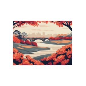 Autumn River Bridge Landscape Metal Poster