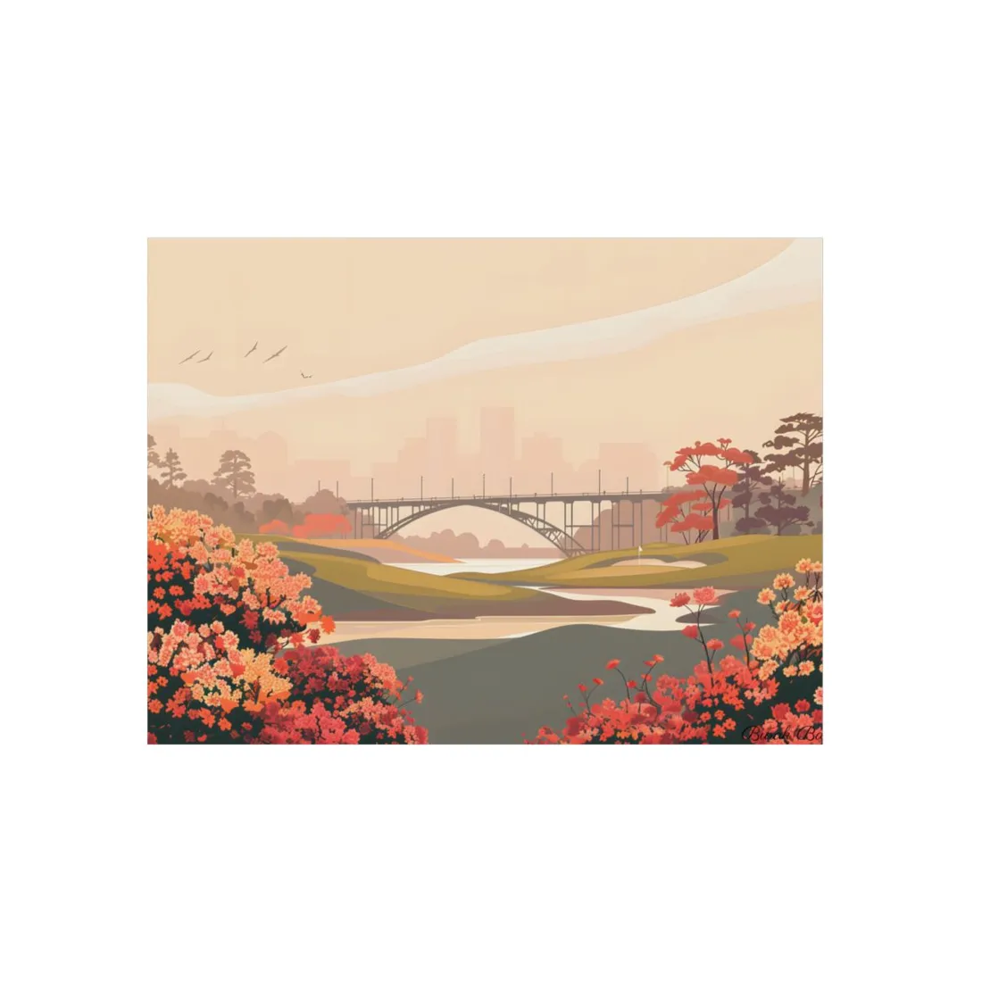 Retro Park Illustration: Bridge and Blossoms - Metal Poster