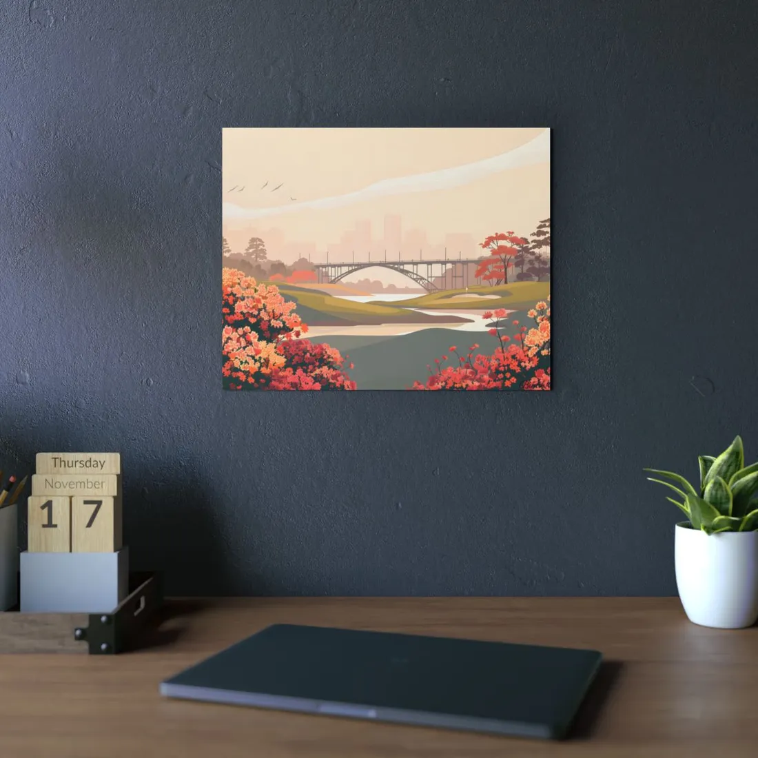 Retro Park Illustration: Bridge and Blossoms - Metal Poster