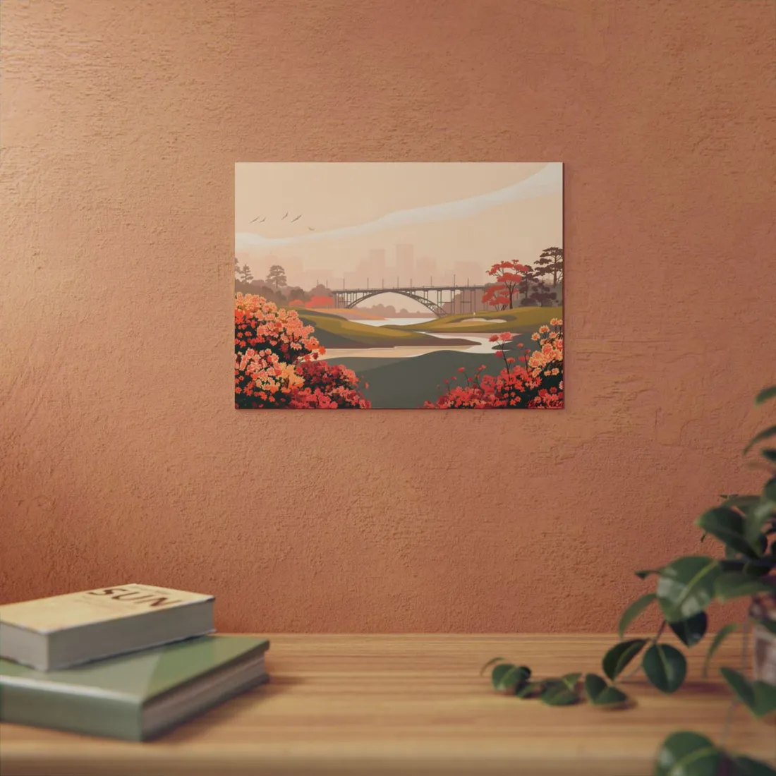 Retro Park Illustration: Bridge and Blossoms - Metal Poster