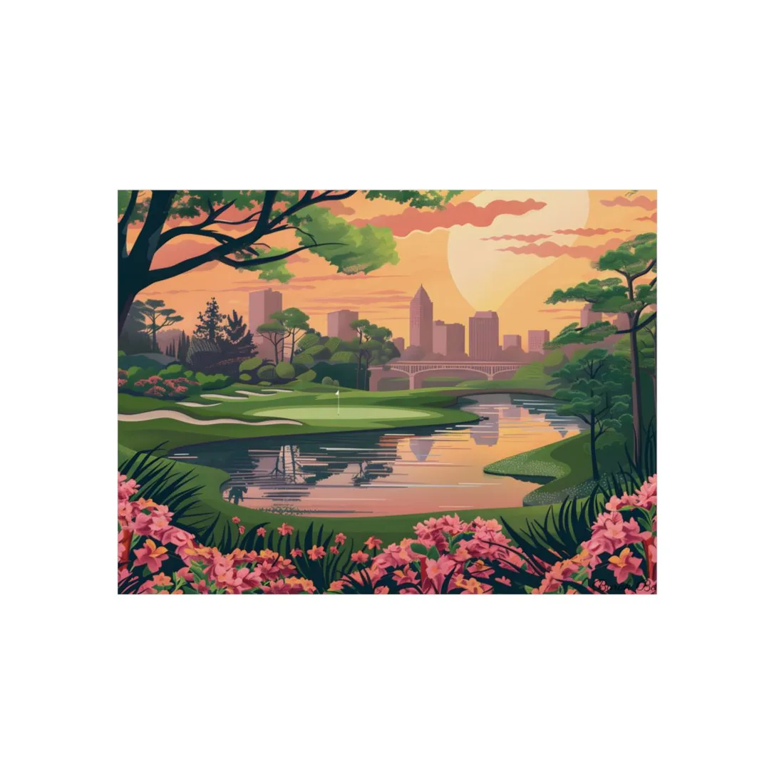 Retro Park Illustration: Pond and Bridge Scene - Metal Poster