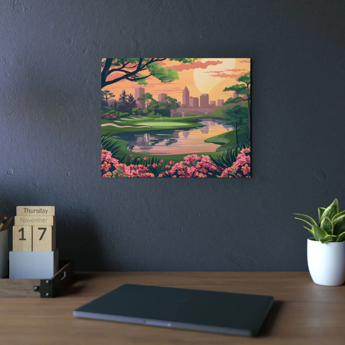 Retro Park Illustration: Pond and Bridge Scene - Metal Poster