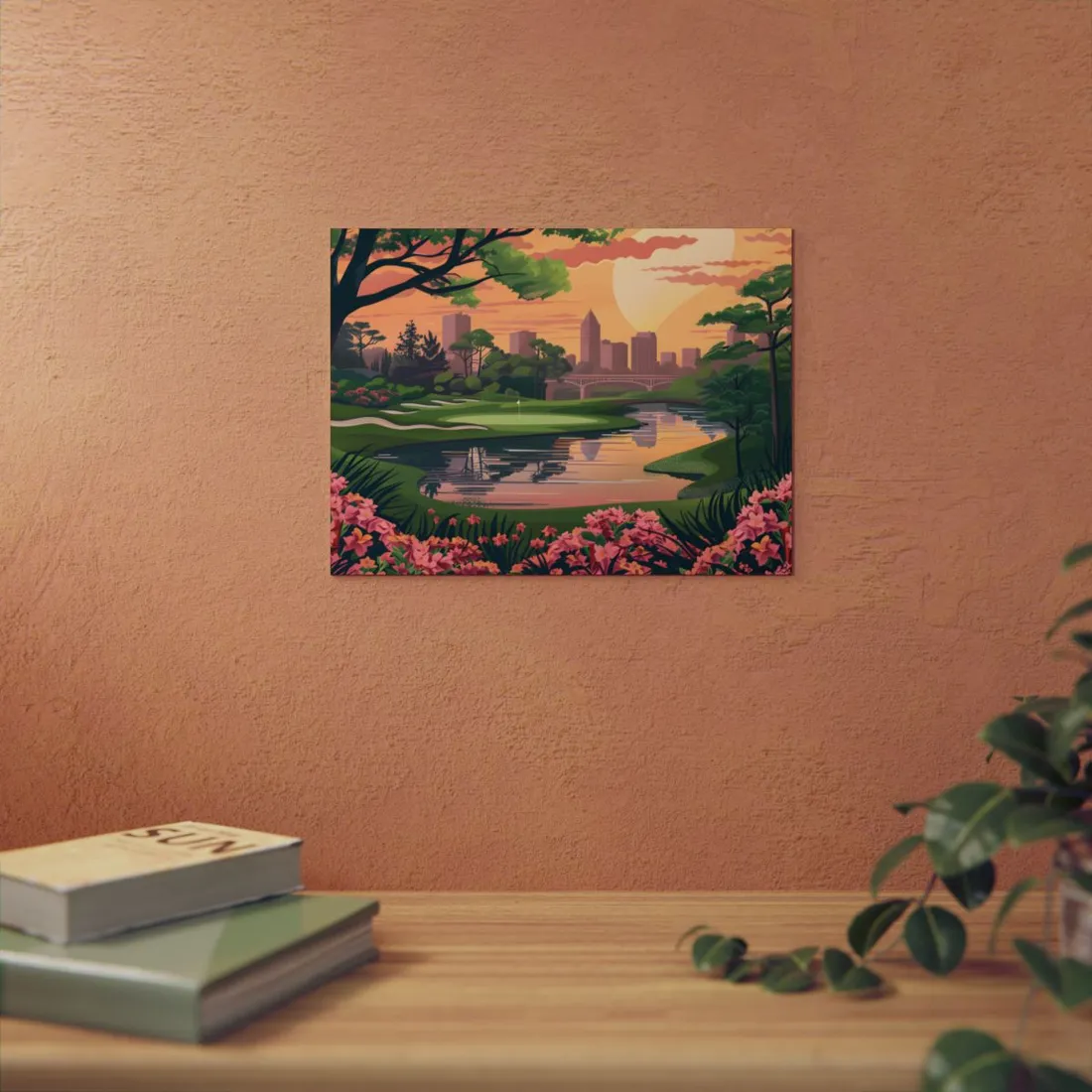 Retro Park Illustration: Pond and Bridge Scene - Metal Poster