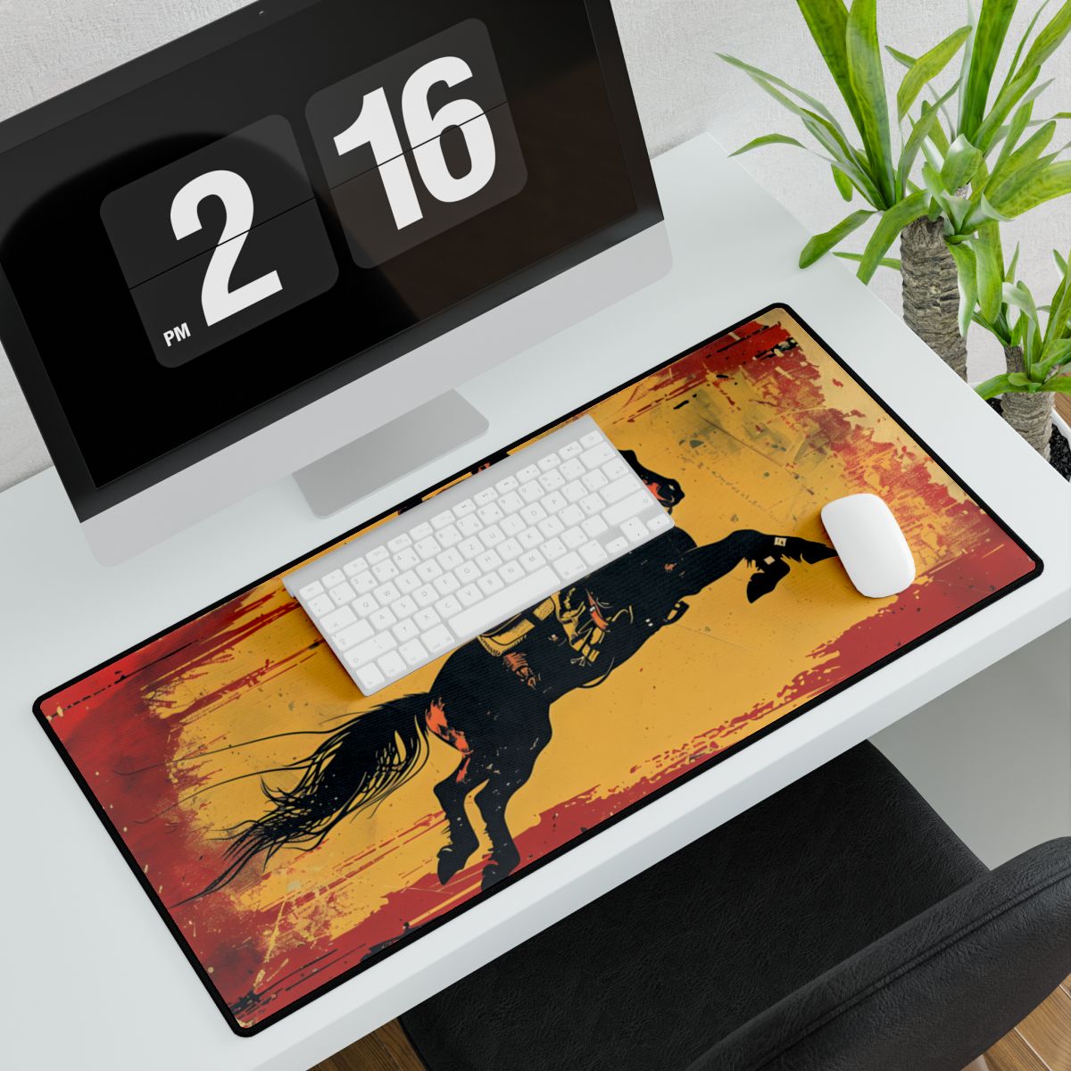 Retro Rodeo Action: Cowboy Riding Bucking Bronc - Desk Mat