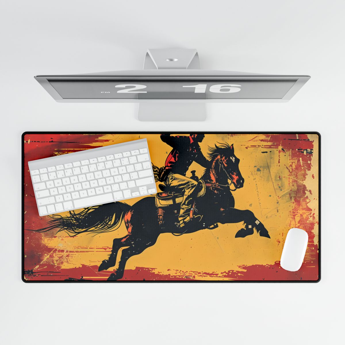 Retro Rodeo Action: Cowboy Riding Bucking Bronc - Desk Mat