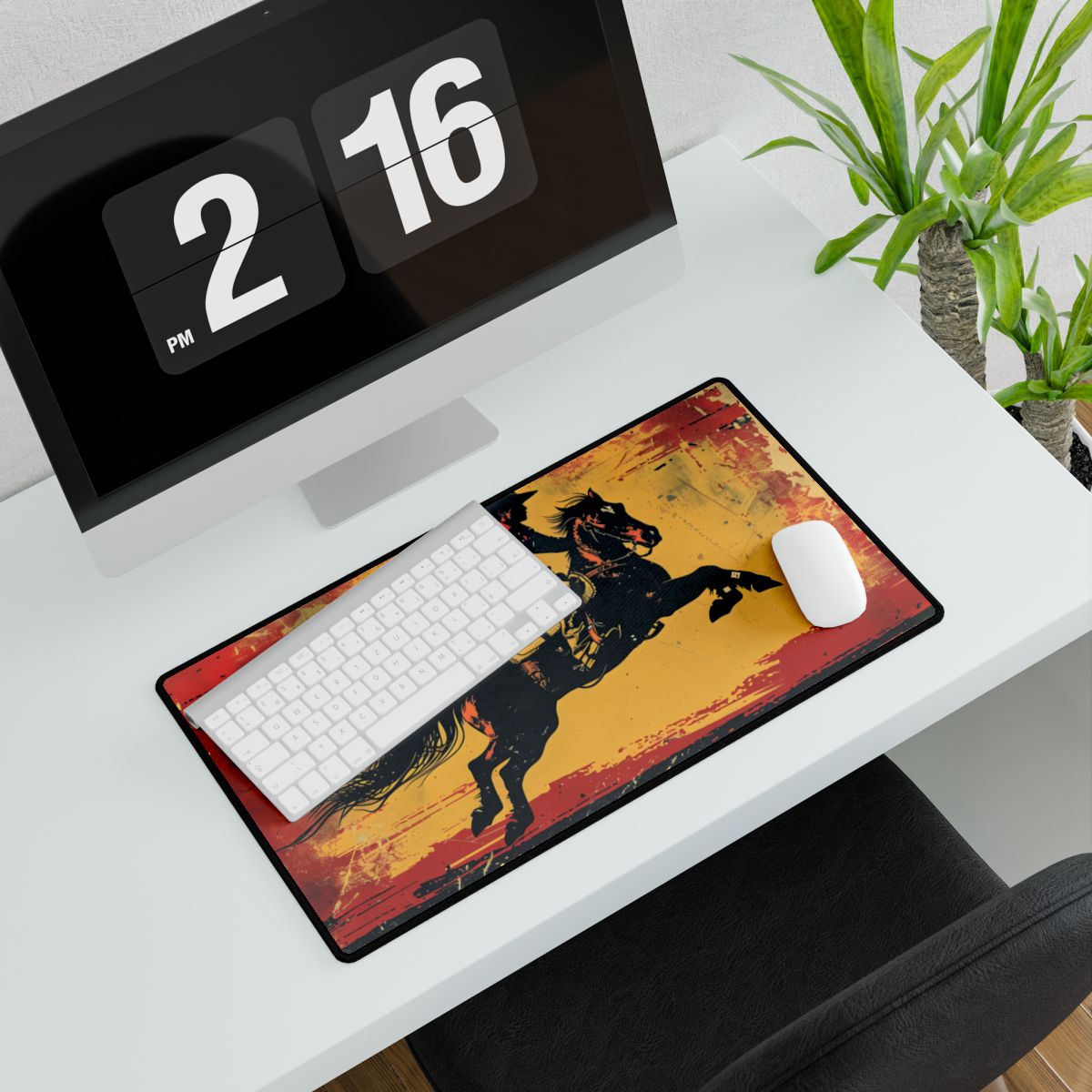 Retro Rodeo Action: Cowboy Riding Bucking Bronc - Desk Mat