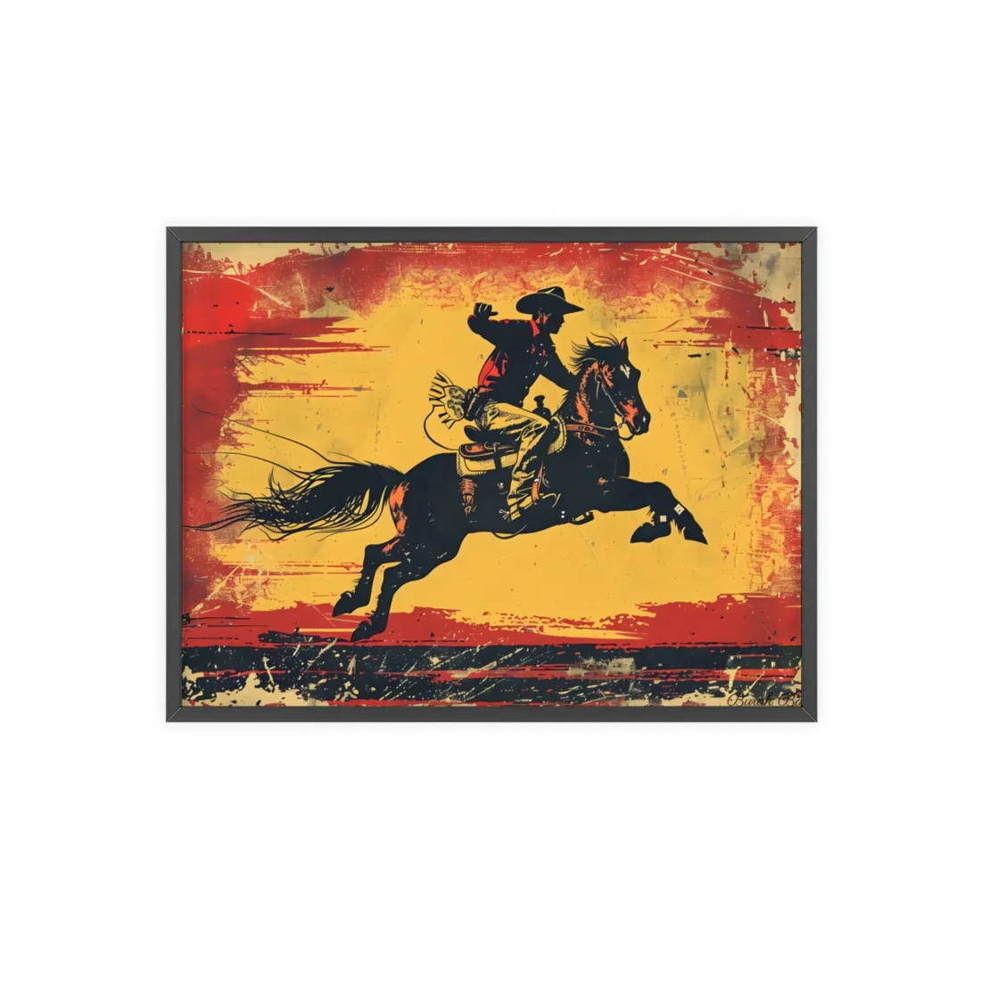 Retro Rodeo Action: Cowboy Riding Bucking Bronc - Framed Poster