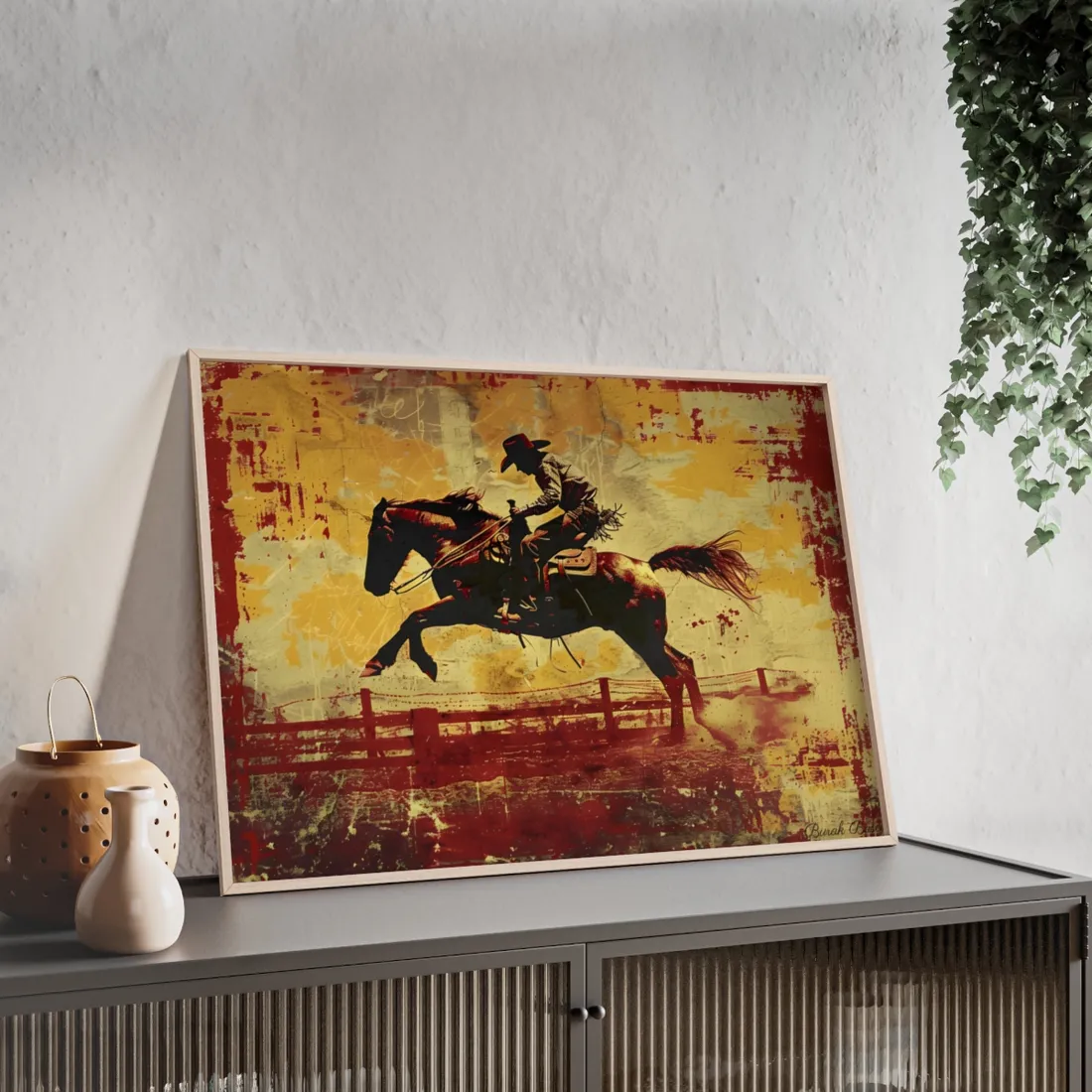 Retro Rodeo Cowboy: Bucking Bronc Action Art - Framed Poster