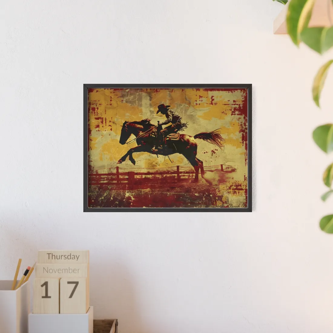 Retro Rodeo Cowboy: Bucking Bronc Action Art - Framed Poster