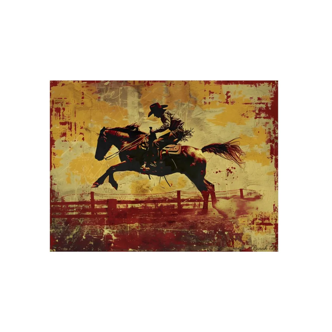 Retro Rodeo Cowboy: Bucking Bronc Action Art - Metal Poster